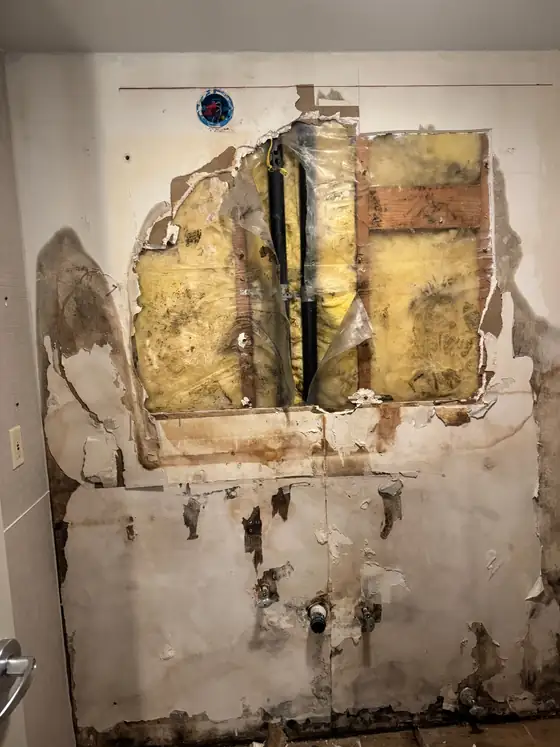 The damaged wall opened up, showing rotted framing and wet insulation