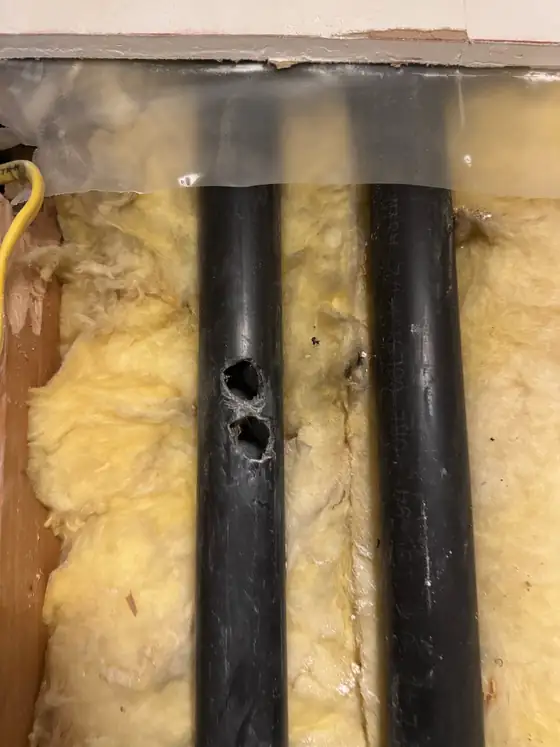 Close view of the failed plumbing behind the bathroom wall