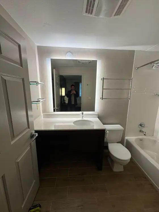 Finished bathroom from the doorway after the rebuild