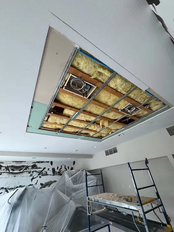 The exposed ceiling framing before new board went up