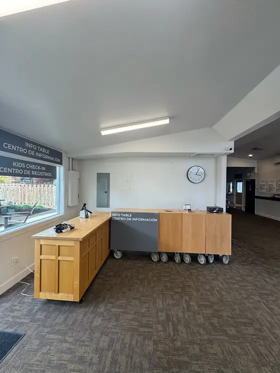 The finished space with the reception counter back in