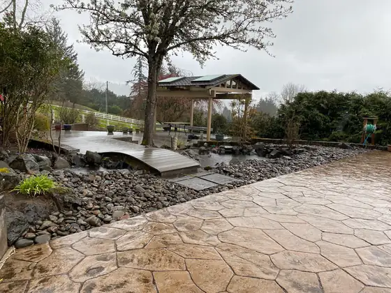 The completed water feature with the gazebo beyond