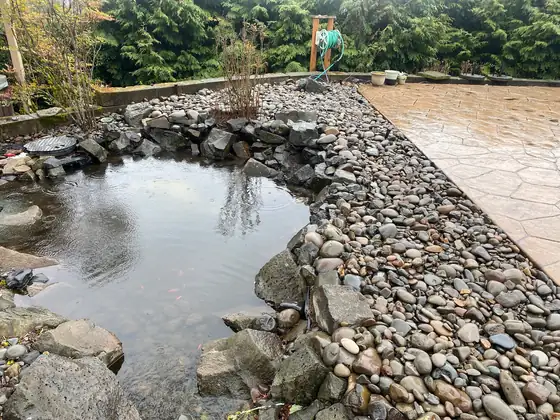Pond and river rock edging beside the stamped concrete