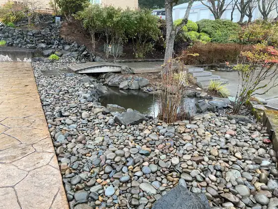 Finished pond, timber bridge and dry creek running through the garden